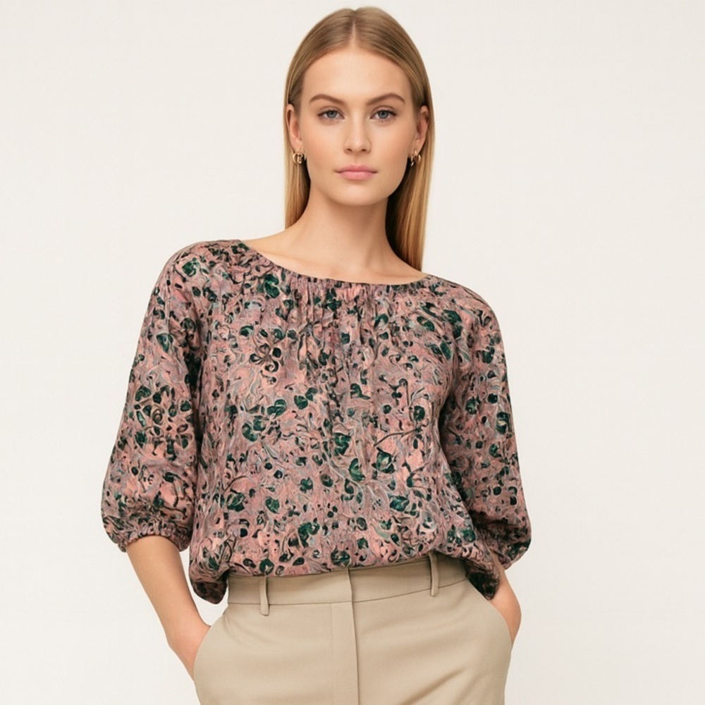 L.K. Bennett silk marbled print, lavender, green &gold. Puffed short sleeve. 4